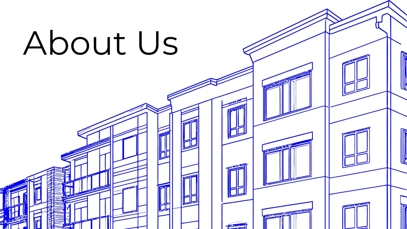 A sketch of row homes with About Us written above it