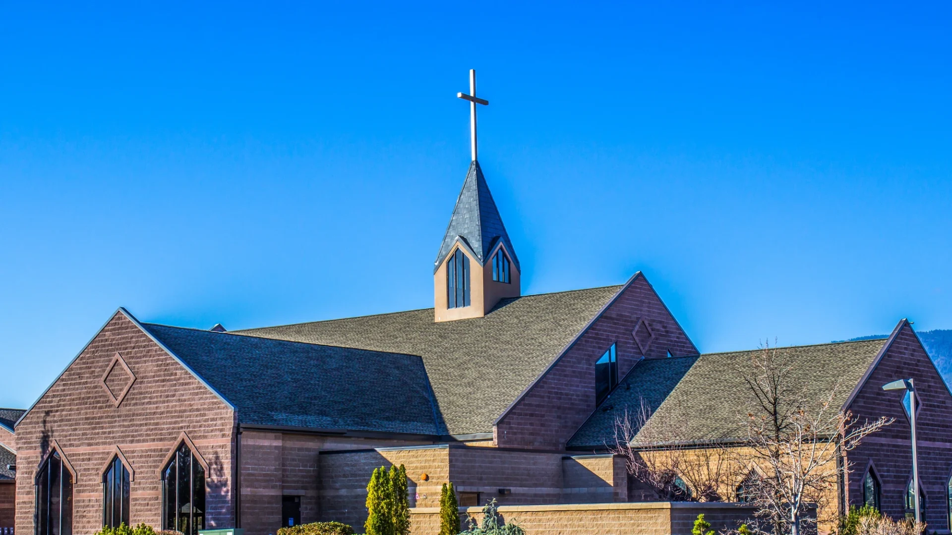 Church roof with new shingles