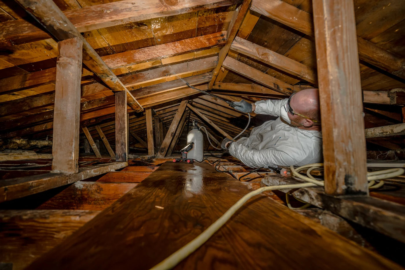 A mold removal worker applying spray
