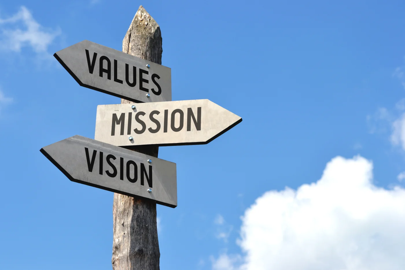 A sign that says “values, mission, vision”