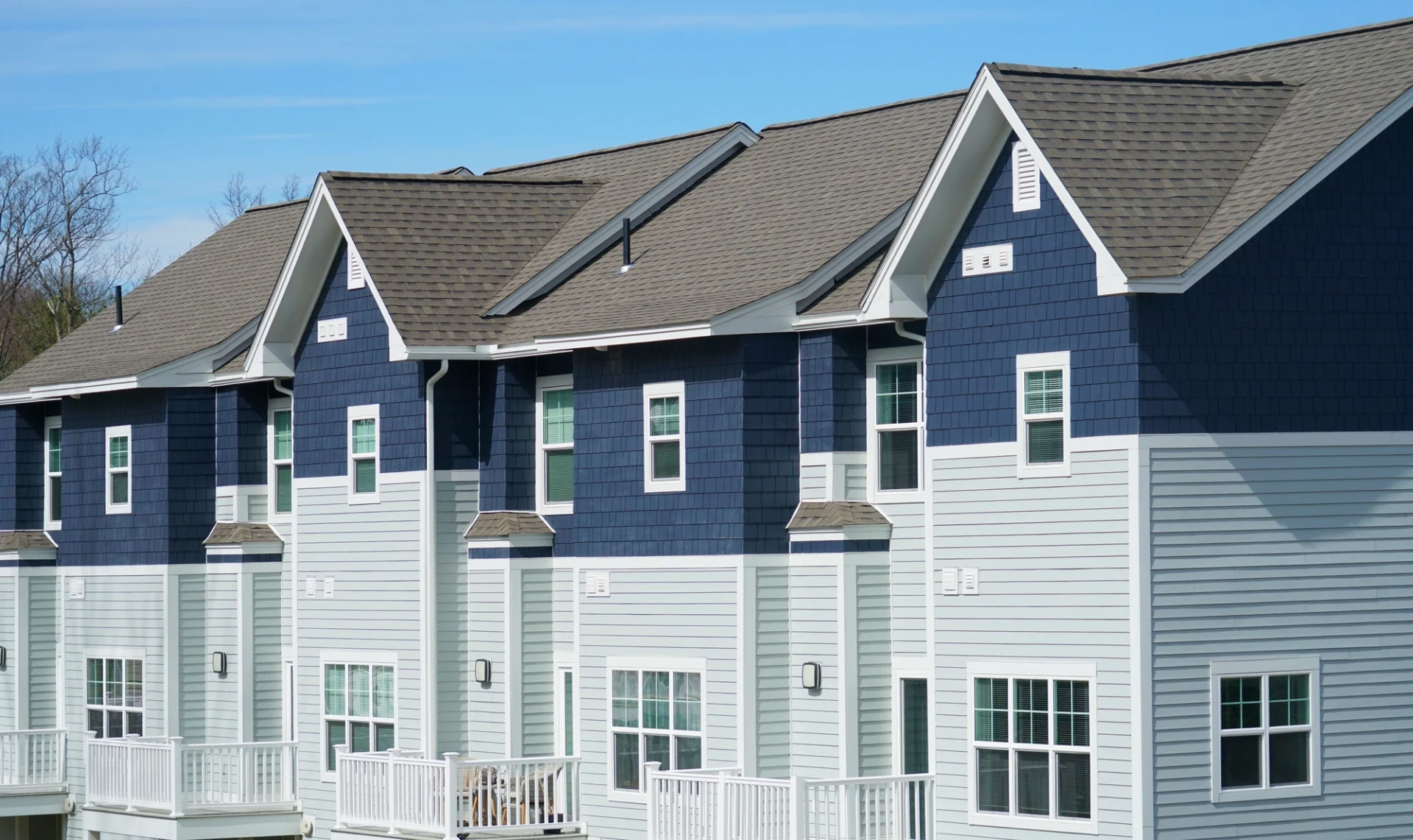 There is a dark blue condo unit