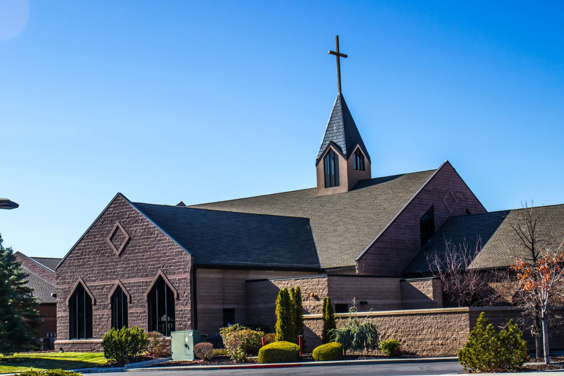 There is an up-close roof of a church