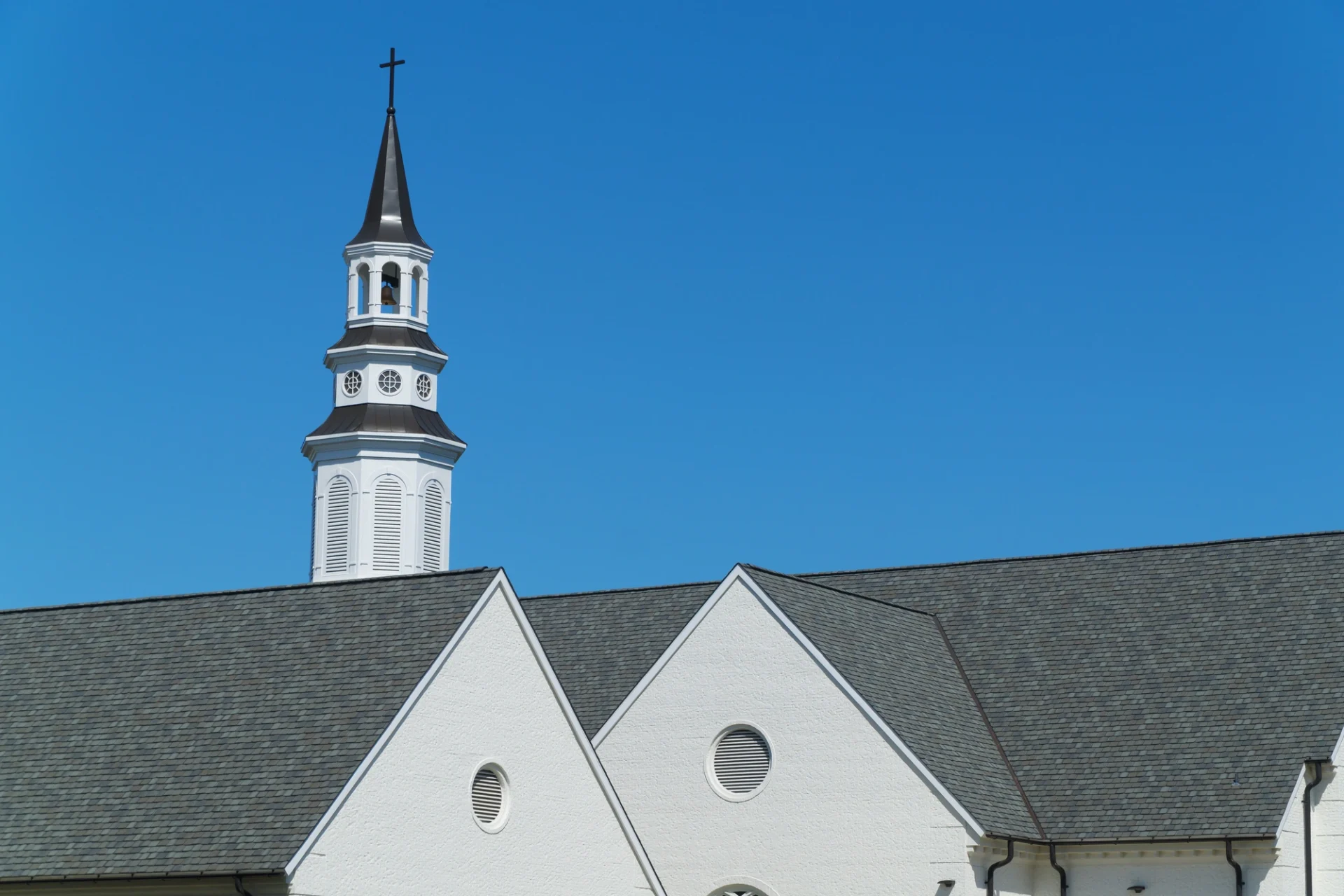 There is an up-close roof of a church