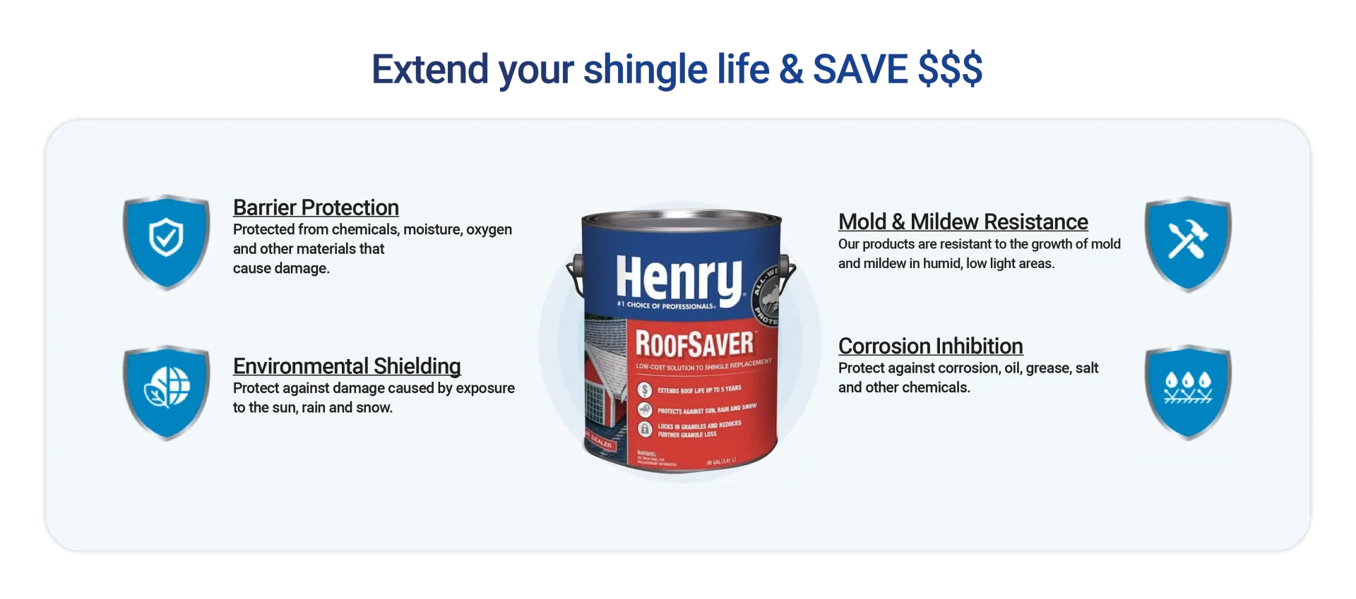 A lineup of shingle coating products from Henry RoofSaver