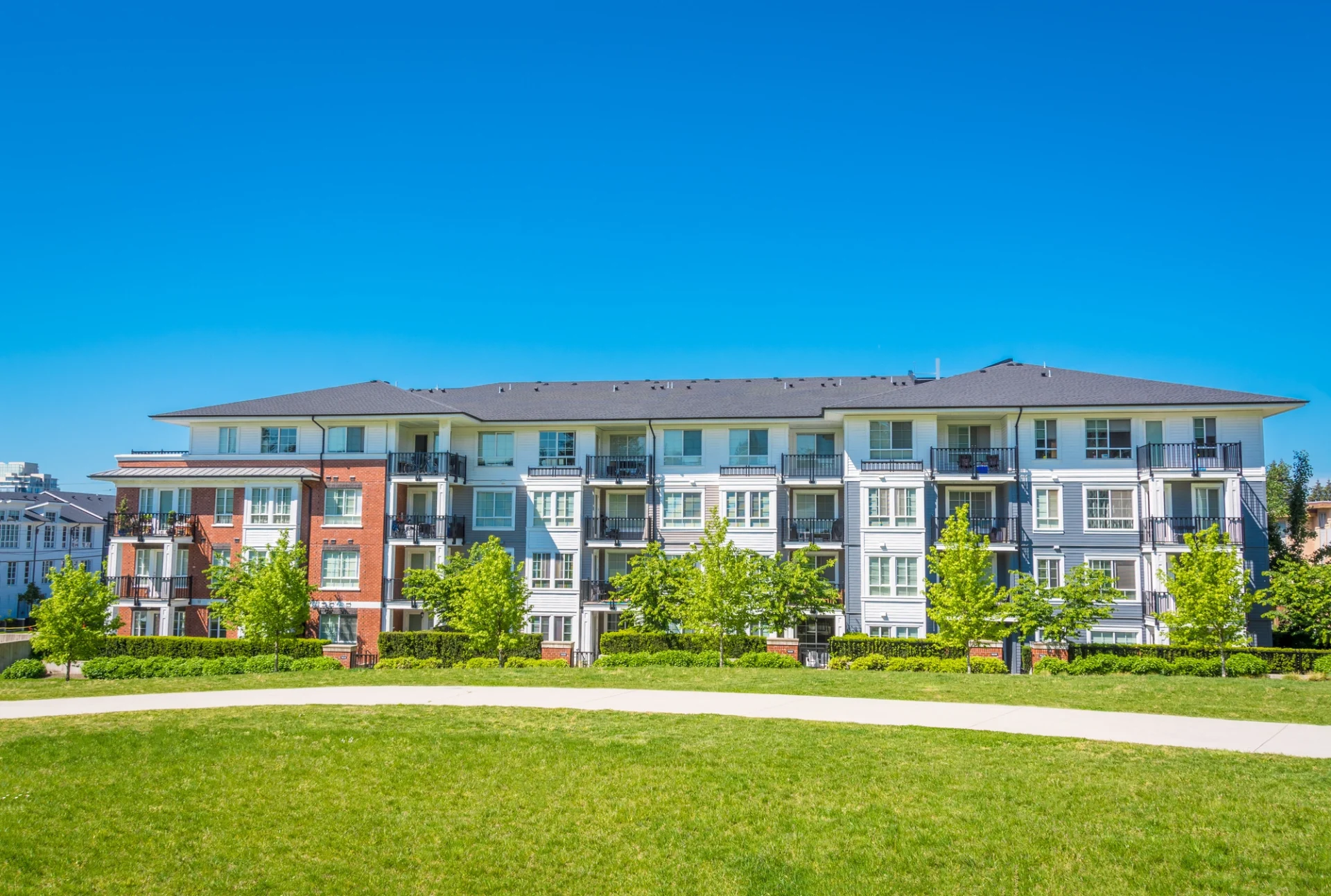 There is a view of a condominium complex