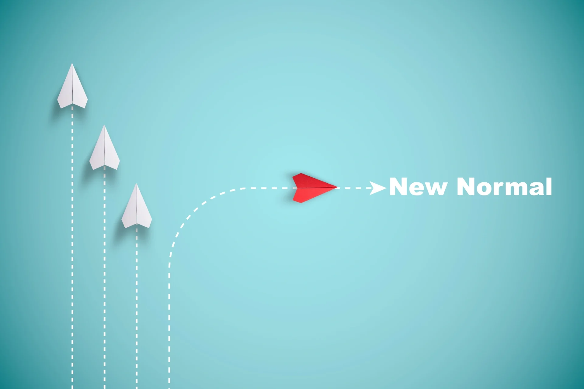 Four arrows. Three go straight, the other goes right toward a “new normal” sign