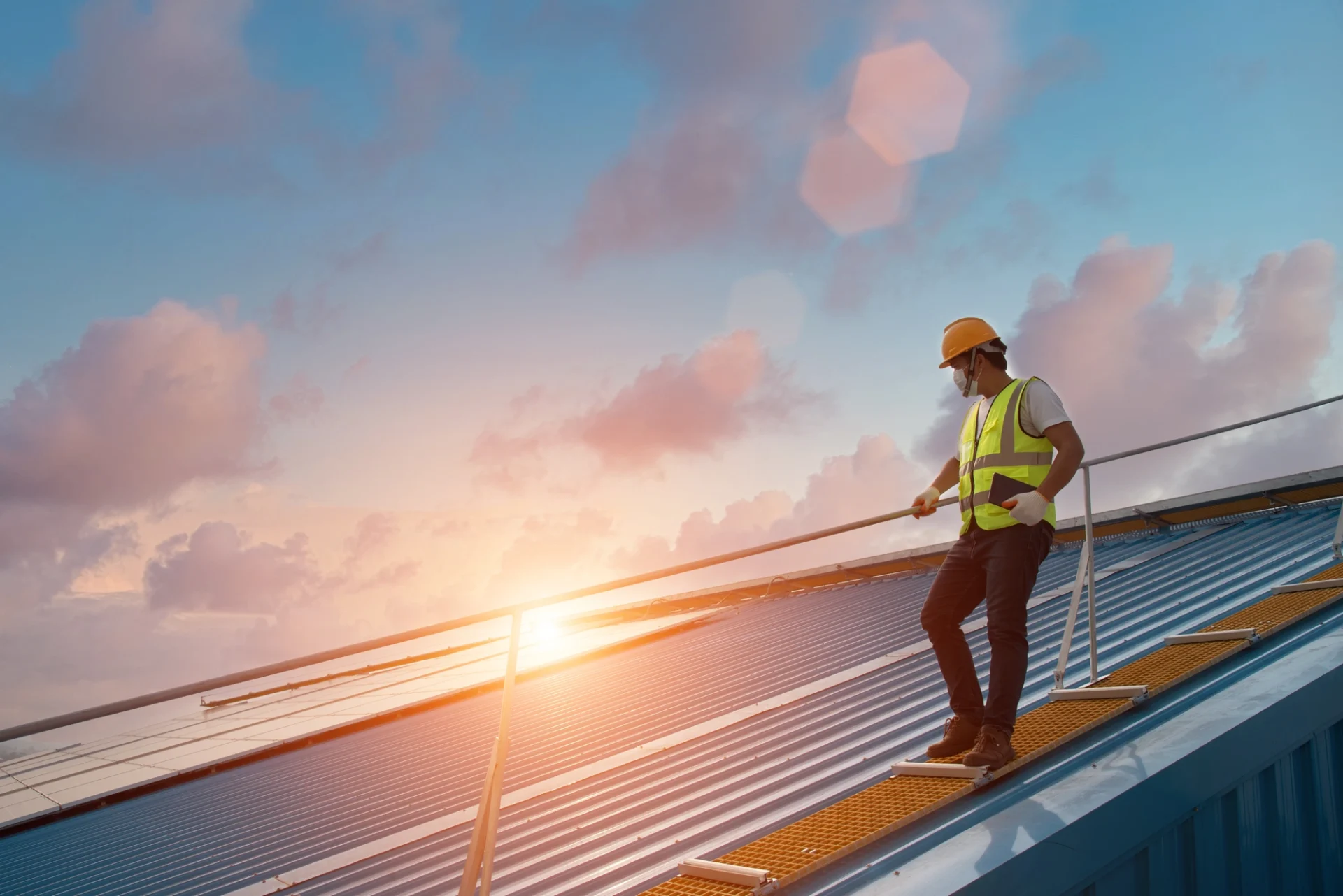 Contractors wearing safety gear inspecting a metal roof under construction