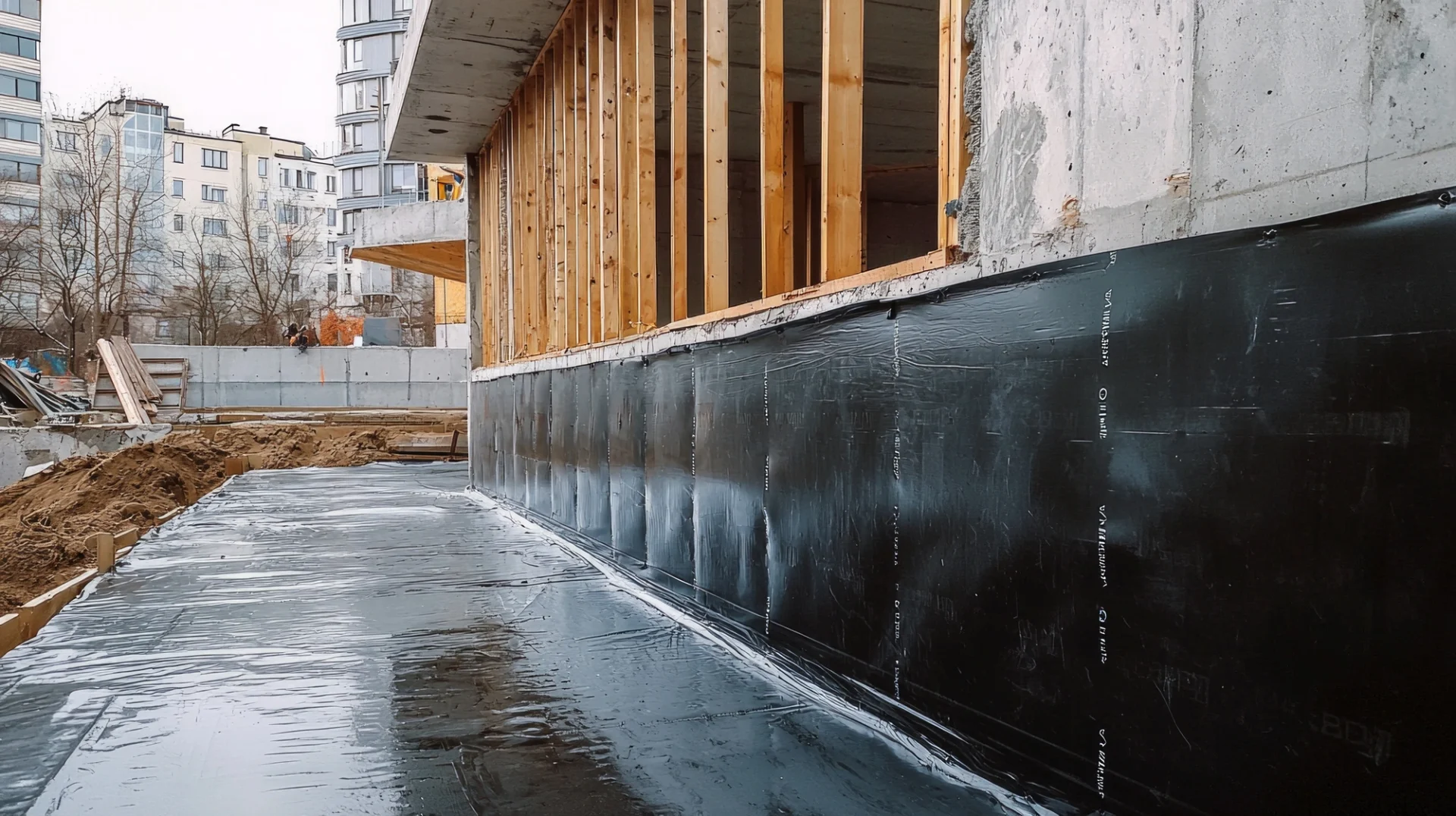 West Hudson County commercial property with exterior waterproofing materials on foundation by 1Call Restore