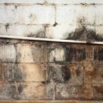 Heavy water damage and mold growth on a brick wall